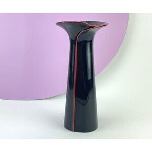 Vintage 80s minimalist vase, Toyo Algar Art Deco Revival, black red ceramic